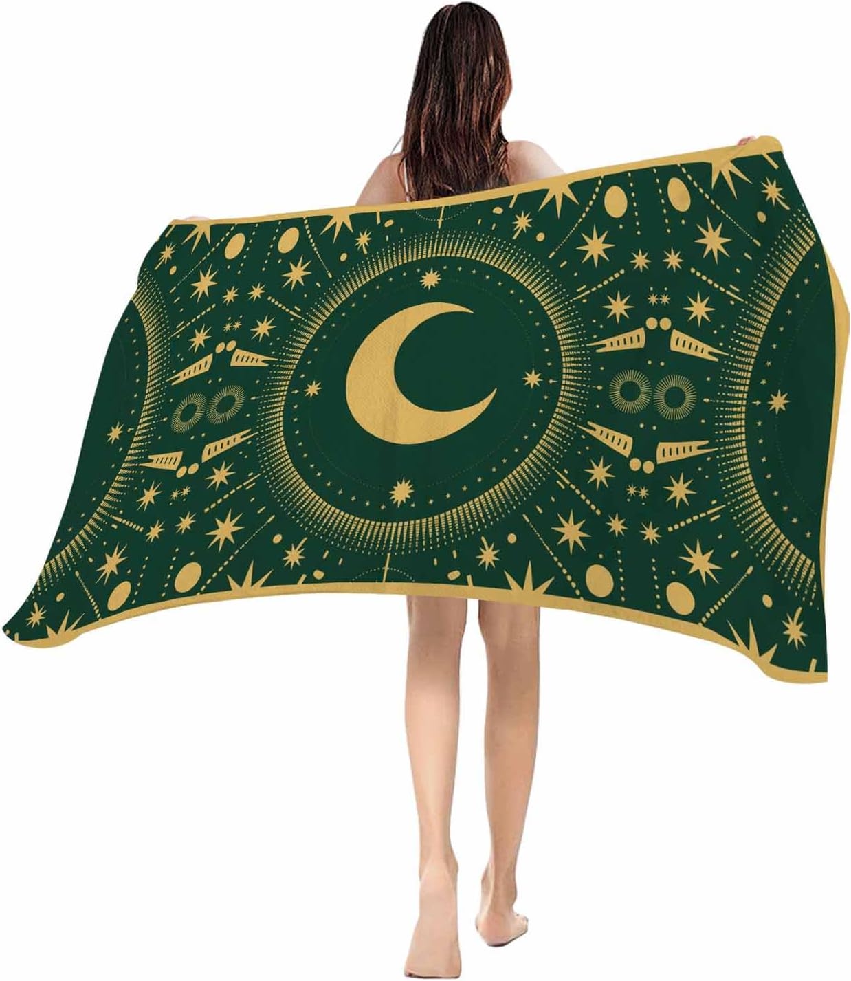 Shanika Chen Green Beach Towel Stars Moon Bath Pool Towels Geometric Gorgeous Starry Night Soft Absorbent Beach Towel Lightweight Large Quick