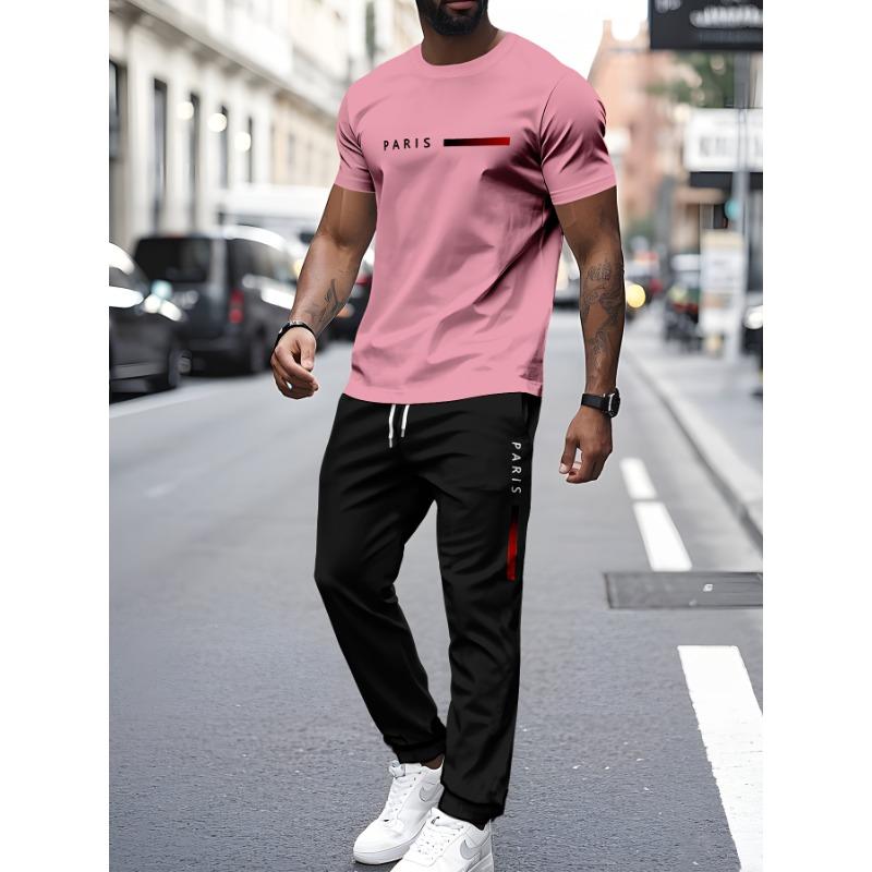 Trendy 'PARIS' printed suit for men, summer round neck short-sleeved T-shirt + casual pants, a must-have for daily outings.