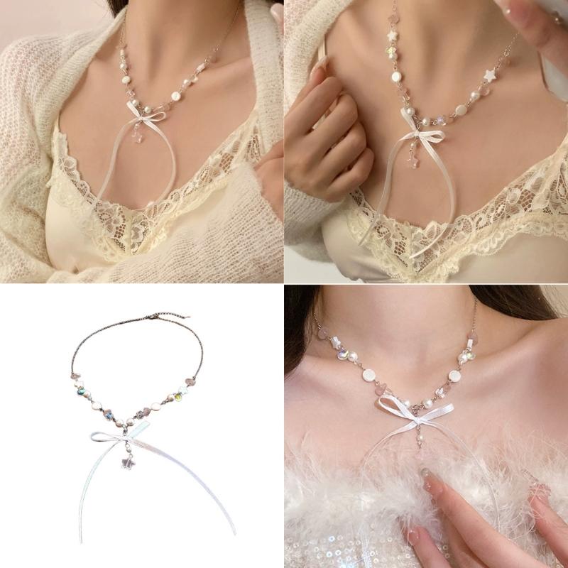 Bohemian Neckchain Bow Beaded Necklace Bowknot Star Pendant Clavicle Chain French Style Collarbone Chain for Women Girls