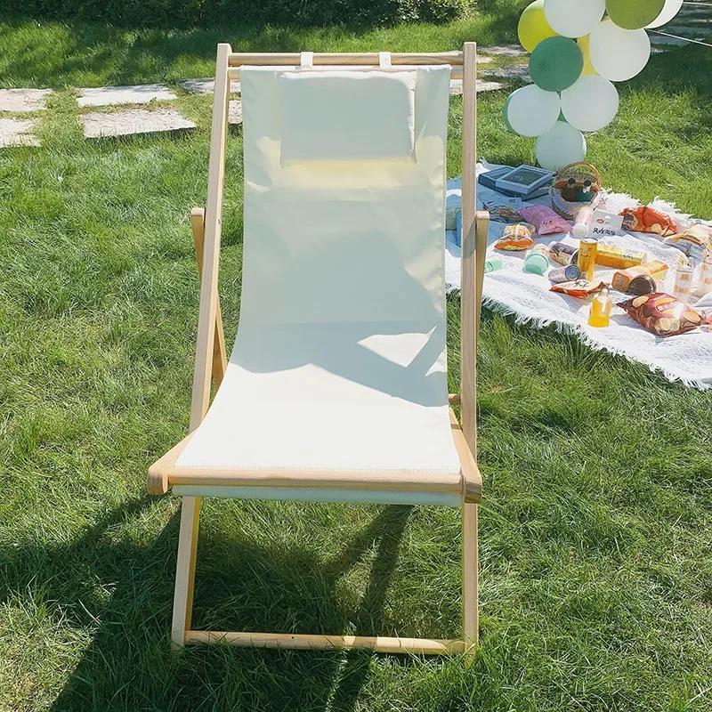 Outdoor Minimalist Beach Chair Modern Luxury Design Wooden Foldable Lounge Oxford Cloth Portable Comfortable Leisure Furniture