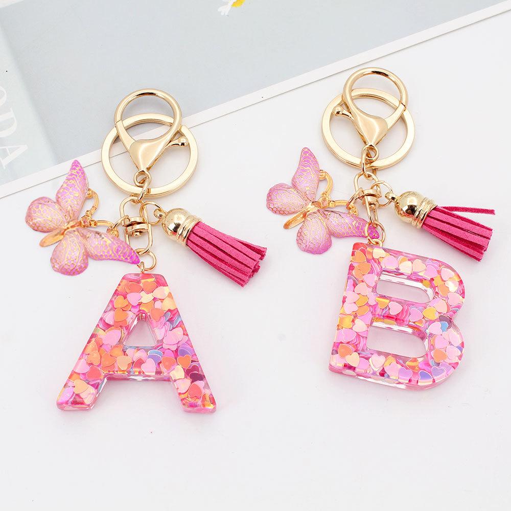 Fashion A-Z Letters Acrylic Keychain for Women Pink Butterfly Tassel Alphabet Car Key Ring Bag Charms Accessories Gift Jewelry