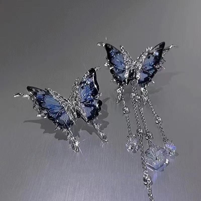 Elegent Blue Starry Sky Butterfly Earrings for Women Long Tassels Chain Zircon Luxury Red Drop Earrings Sweet Cool Y2K Jewelry