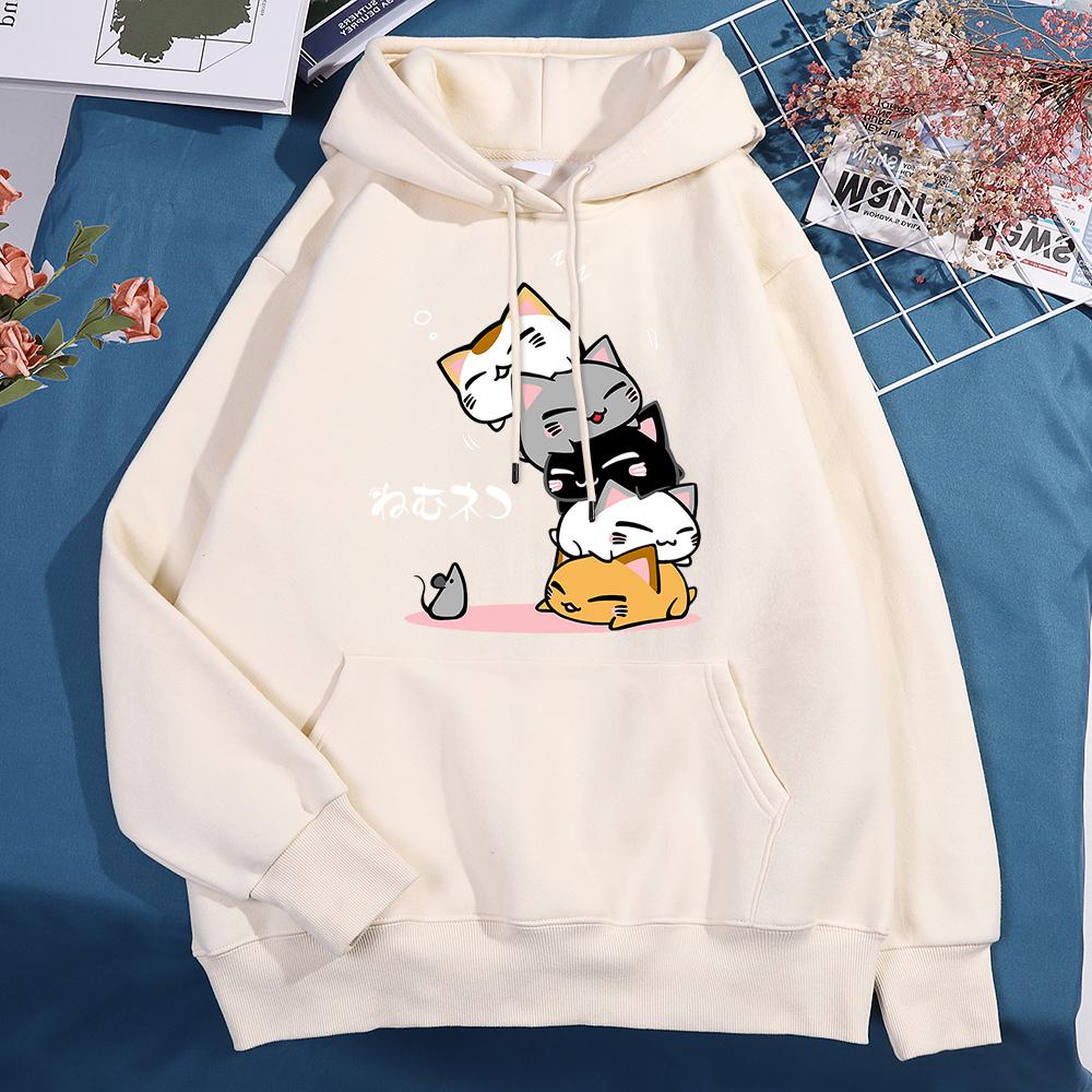 Cute Layered Cat Can't See The Mouse When Sleeping Hoodie Women's Fashion Round Neck Clothing Cute Hoodie Street  Sweatshirt