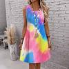 Women Plus Size Sleeveless Round Neck Vibrant Rainbow Tie Dye Print Loose Knee Length Casual Dress