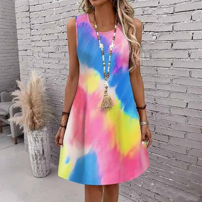 Women Plus Size Sleeveless Round Neck Vibrant Rainbow Tie Dye Print Loose Knee Length Casual Dress