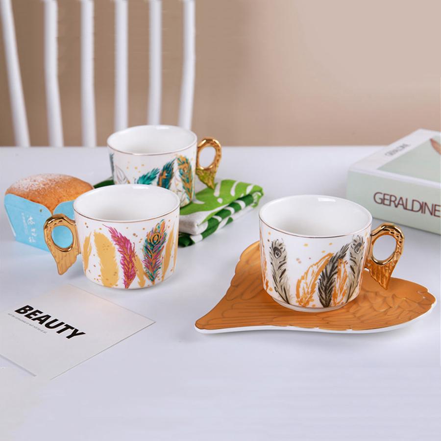 Personality European Lovely Feather Pattern Style Coffee Mugs Ceramic Home Office Milk Water Tea Cup + Saucer Plate Dish Set