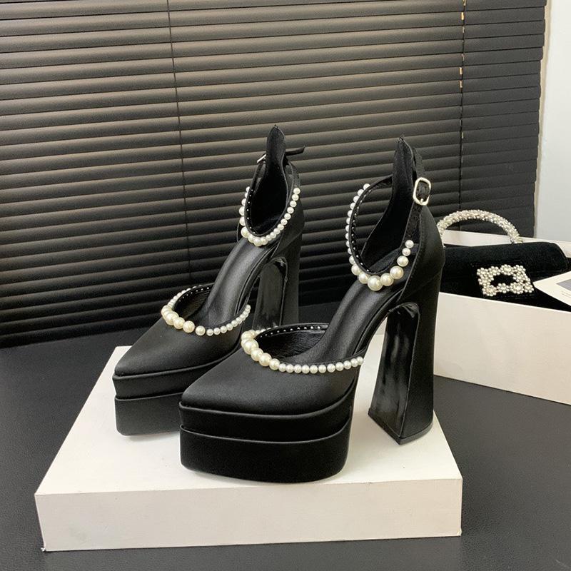 

Дизайнерские женские туфли Мэри Джейн, модные туфли с ремешком на щиколотке и жемчугом, сексуальные туфли на платформе и высоком каблуке для вечеринок и клуба 38 чёрный