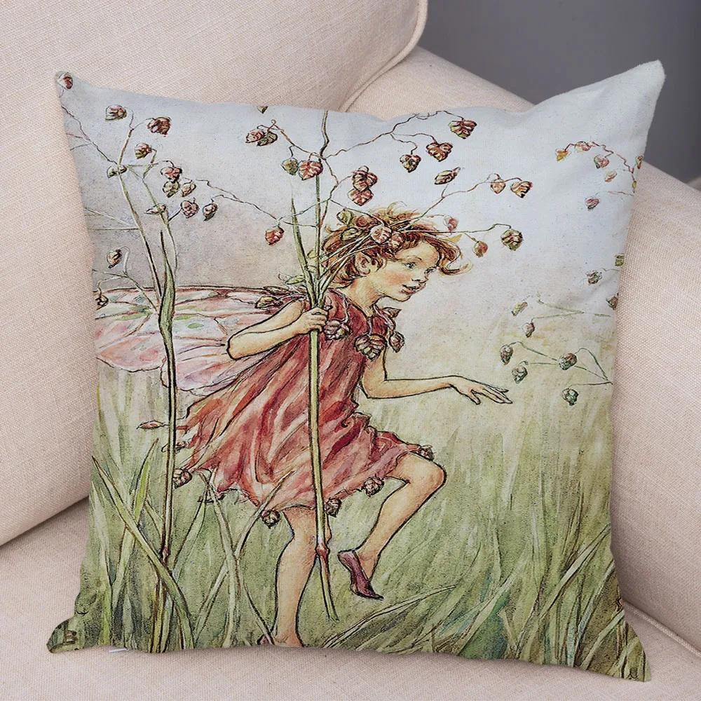Vintage Cartoon Elfen Kissenbezug Dekor Bunte Märchenwelt Kissenbezug Plüsch Blumenmädchen Kissenbezug für Sofa Zuhause