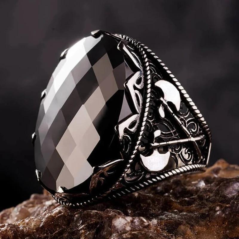 New Punk Turkey Vintage Rings Geometric Oval Black Suitable for Anniversary Party Wedding Men's Rings High-end Luxury Jewelry
