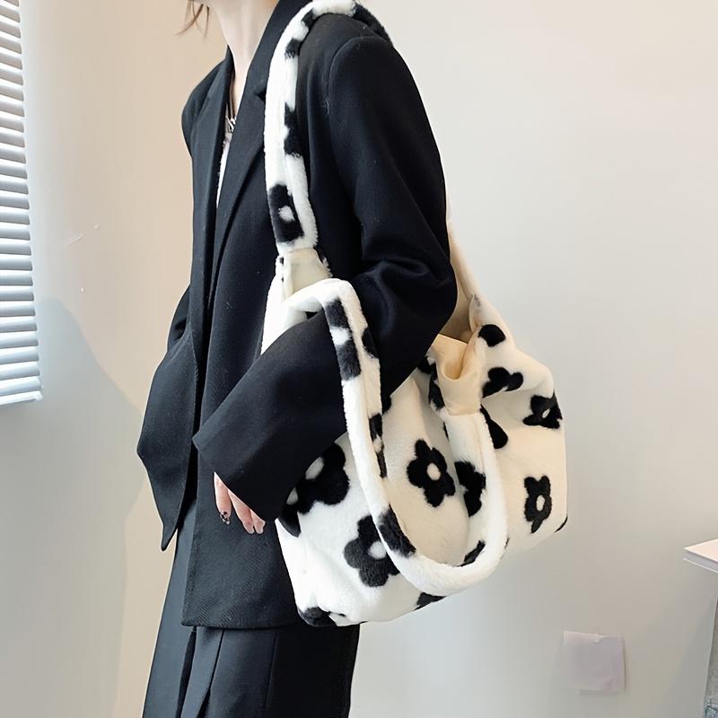 Chic Floral Plush Tote Bag For Women Soft Spacious & Stylish With Large Capacity Perfect For Fall Winter