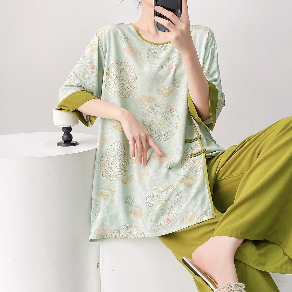 Improved Hanfu cotton and silk pajamas women's spring and summer thin printing can be worn outside loungewear loose high-end cotton silk suit