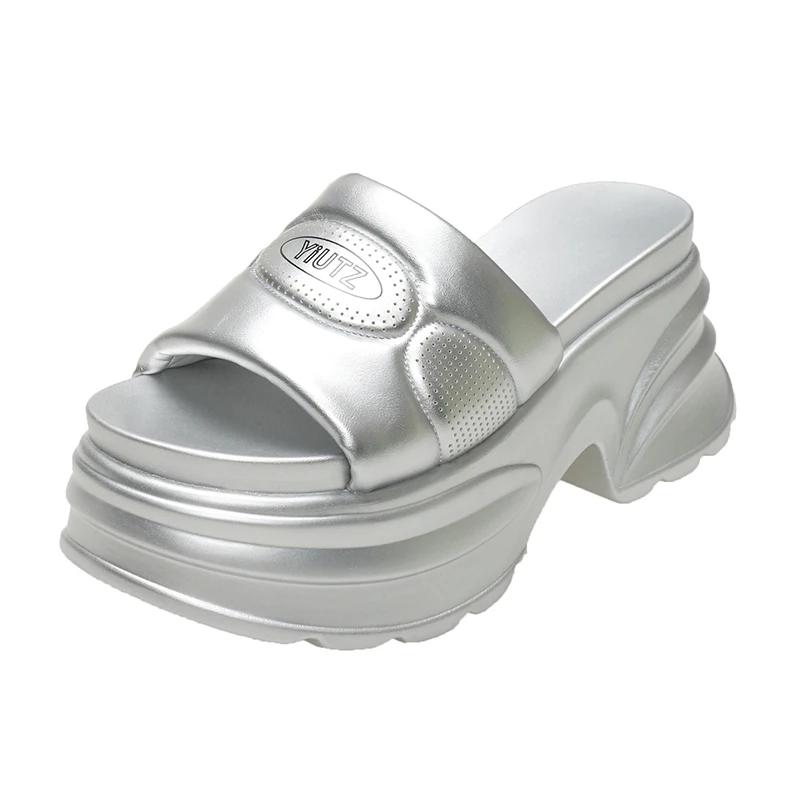 Fashion 8CM Fashion Platform High Slippers Women Open Toe Wedges Sandals Summer Soft Slipper Indoor Outdoor Leisure Beach Shoes Black