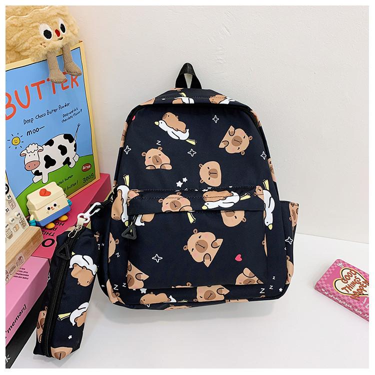 Dual Trendy Capybara Shoulder Backpack Featuring Pencil Holder For School Kids