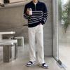 Men's Retro Striped Polo Sweater: Autumn Casual, Loose Fit, Long-Sleeve, Half-Zip Lapel Design.
