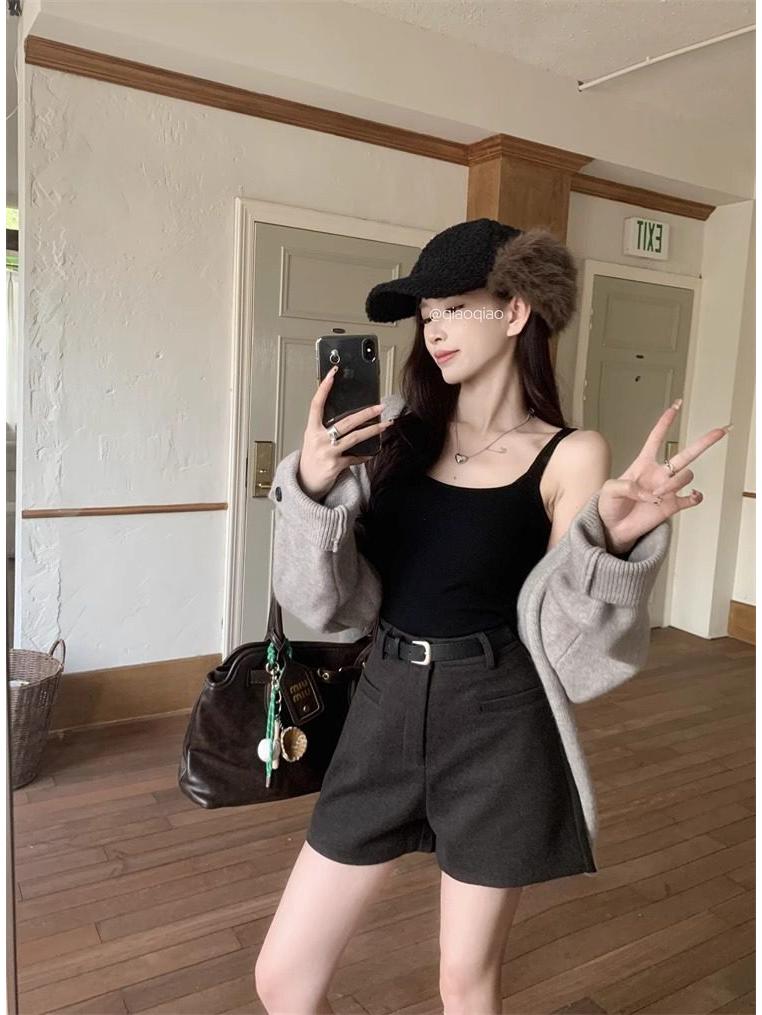 2026 Autumn Plus Size Women's High-Waist Wool Suit Shorts - Loose Bootcut Style