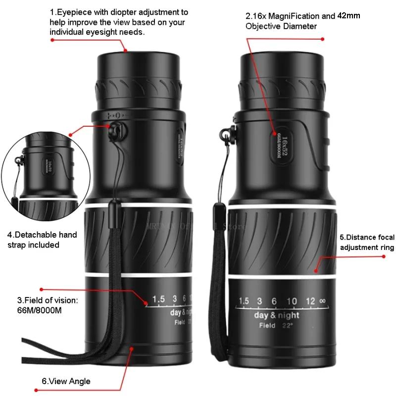 16X52 Monocular Telescope Dual Focus Zoom Binoculars 66M/8000M Low-Light Night Vision With Strap Optical Lens/Rubber Outdoor