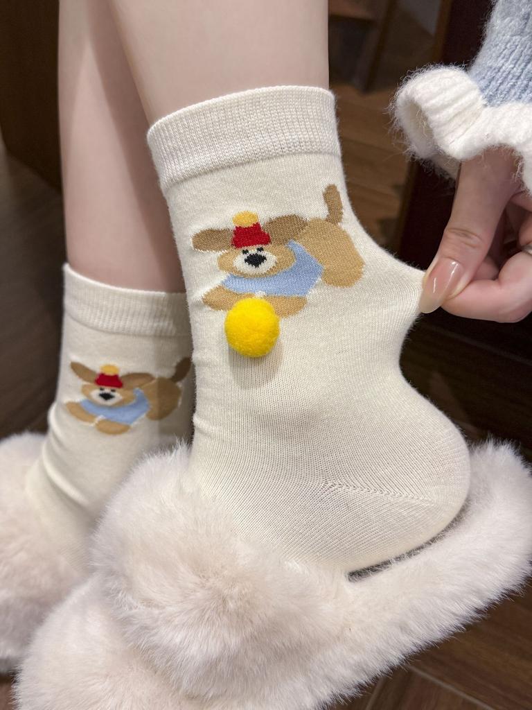 Socks, Medium Tube, Spring And Autumn Hairballs, Cartoon Dog Boneless Socks, Sweat-Absorbing, Breathable, Simple And Versatile, Cute Cotton Socks