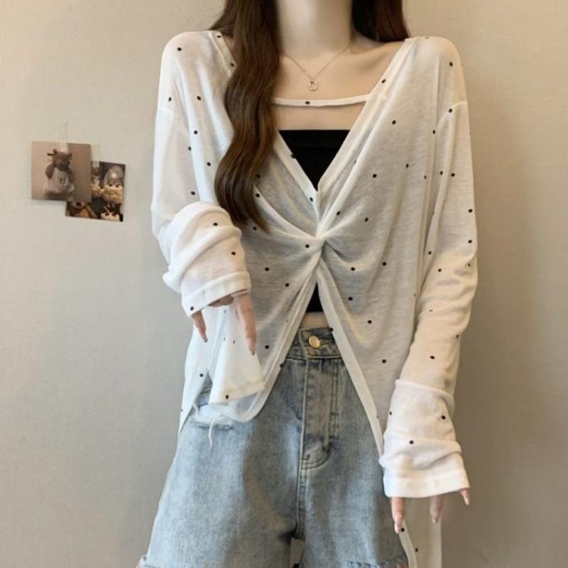 

Летняя тонкая женская футболка в горошек с узором «горошек», свободная, с круглым вырезом, с заломами, с длинными рукавами, защита от солнца, повседневный, универсальный, свободного покроя, топ onesize белый