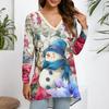 Ladies' Fashionable Casual Christmas Printed T-shirt Long Sleeved V-neck Mid Length Top