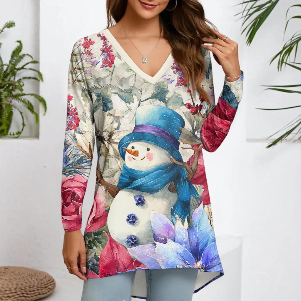 Ladies' Fashionable Casual Christmas Printed T-shirt Long Sleeved V-neck Mid Length Top
