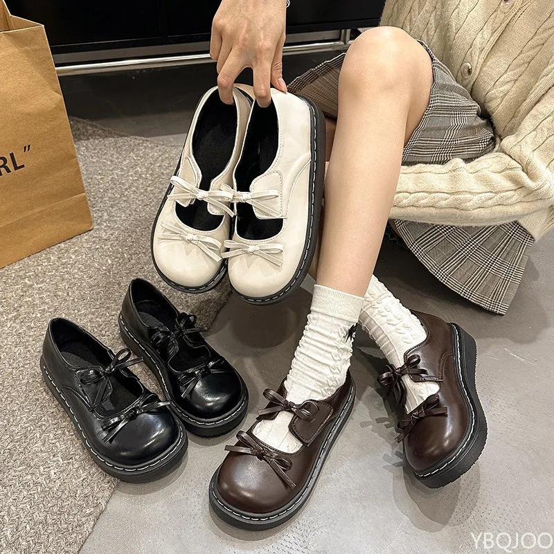Sapatos de salto alto com laço francês Sapatos de couro de sola grossa para senhoras 2025 Sapatos Mary Jane estilo britânico Bico redondo cor sólida scarpins femininos