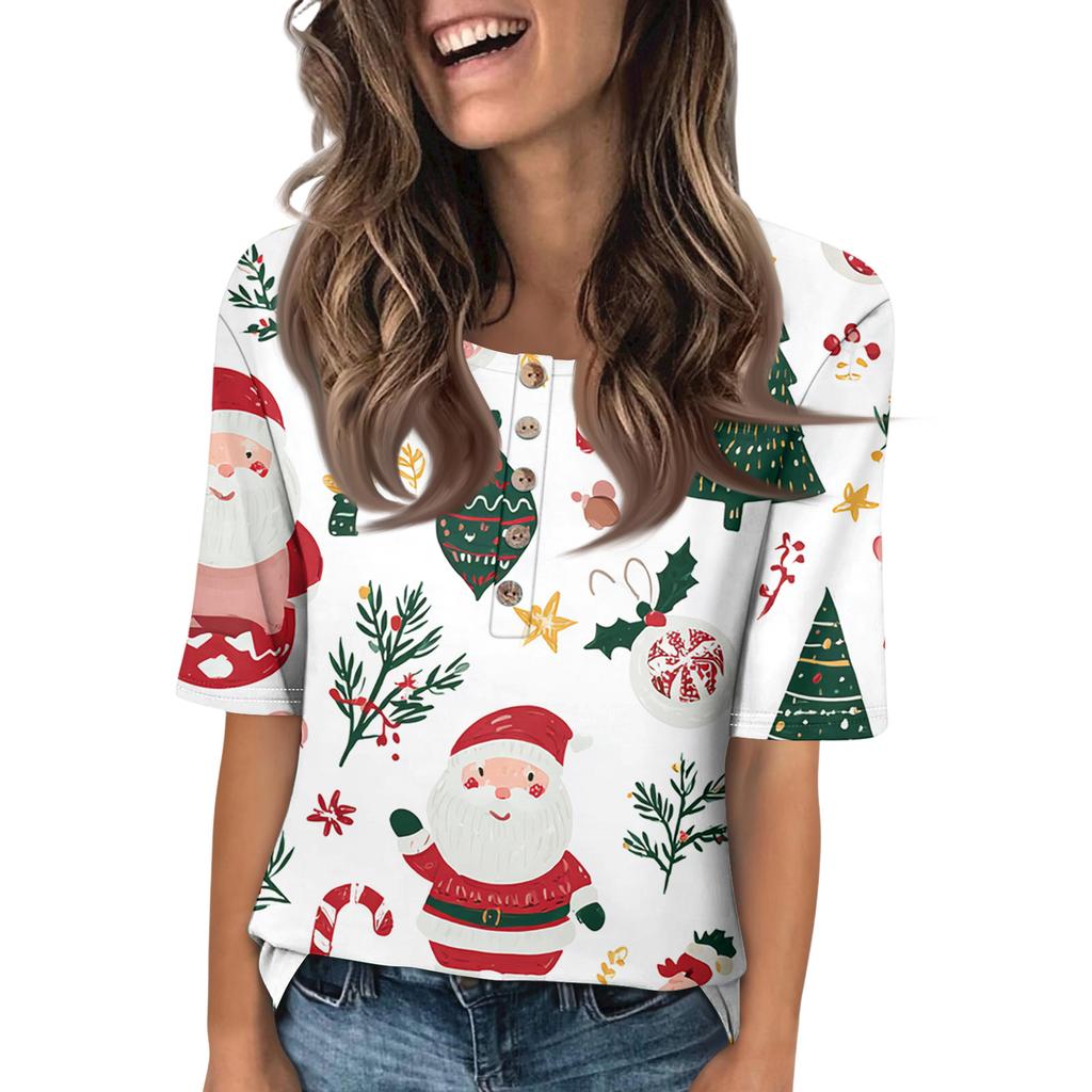 Shirts For Women Trendy Round Neck Button T Shirts Printed Blouse Half Sleeve Tops For Women