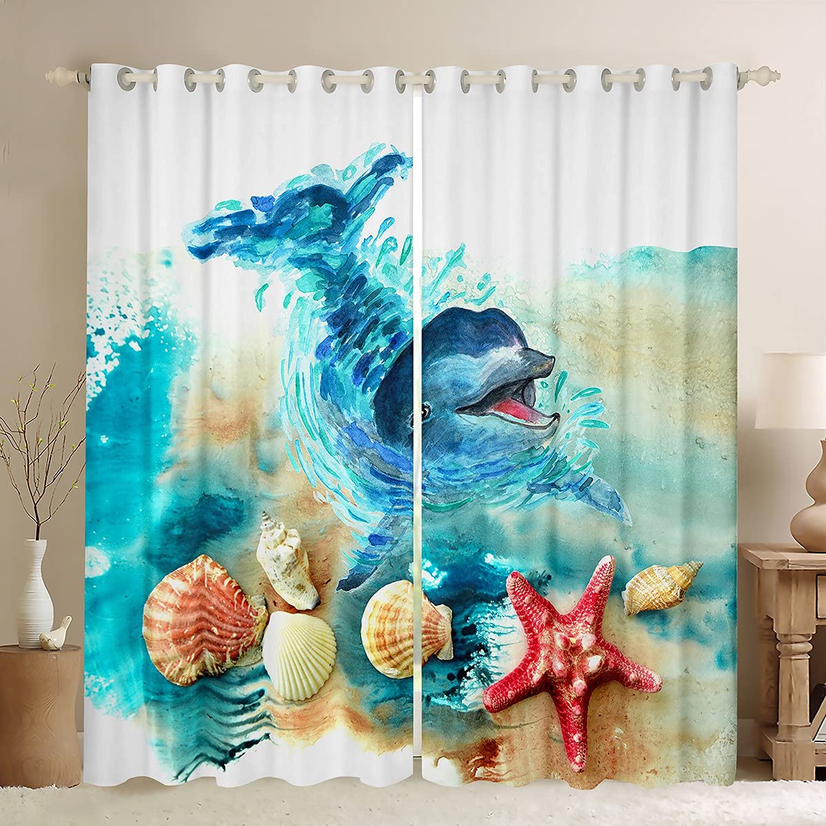 Niedliche Vorhänge mit Cartoon-Delfin, Ösen, lichtfilternd, Fensterdruckmuster, Meerestier-Thema, Vorhang für Schlafzimmer und Wohnzimmer, 2 Paneele W55 X H120cm X 2&HOOK