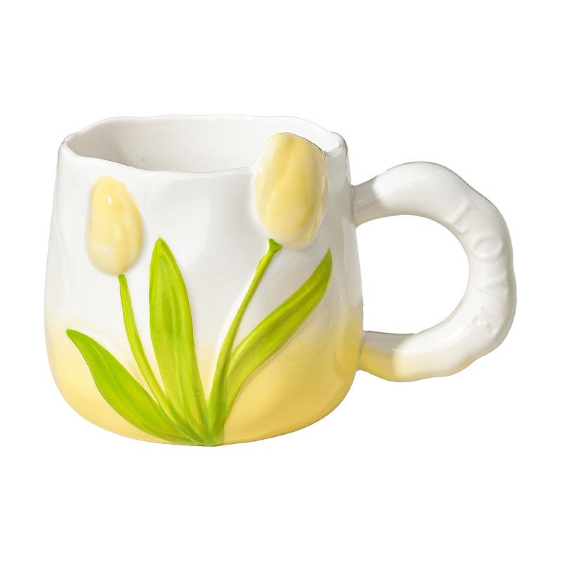 Hand Painted Ceramic Cup Three Dimensional Relief Cup Tulip Cup Flowers Mug with Handle Bestie Cup Souvenir
