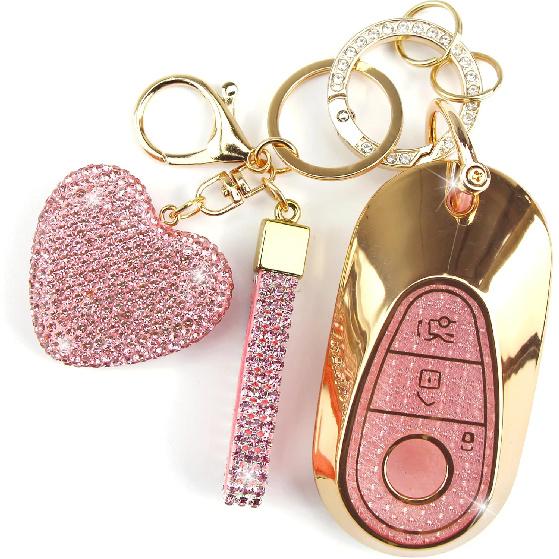 Key Fob Cover with Diamond Keychain Car Key Holder Case Compatible with - Benz S-Class G-Class E-Class Smart Remote Key Protector for Women, 3