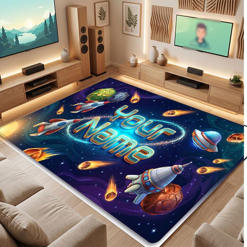 Space Cosmic Theme Crystal Velvet Floor Rug Personalized Custom Name Text Warm Carpet Home Decoration