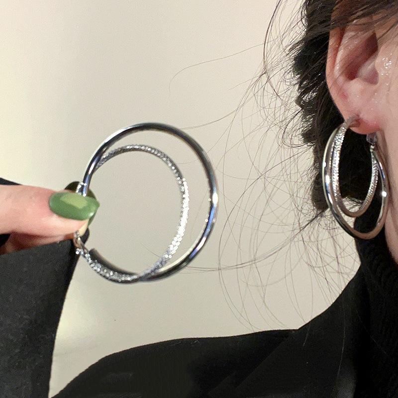 Tide Summer Silver Double Line Large Circle Thin Circle Temperament Gold Versatile Earrings