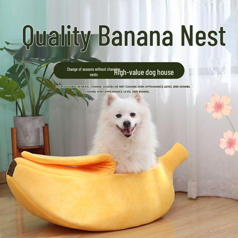Banana-Shaped Easy-Clean Semi-Closed Pet Bed with Blanket for Cats and Dogs, All-Season