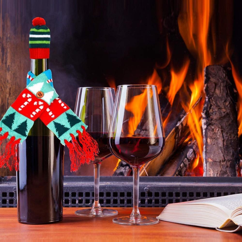 Christmas Wine Bottle Cover Mini Xmas Hat Santa Scarf Cute Wine Bottle Scarf Hat Decors for Christmas Party Table Decorations