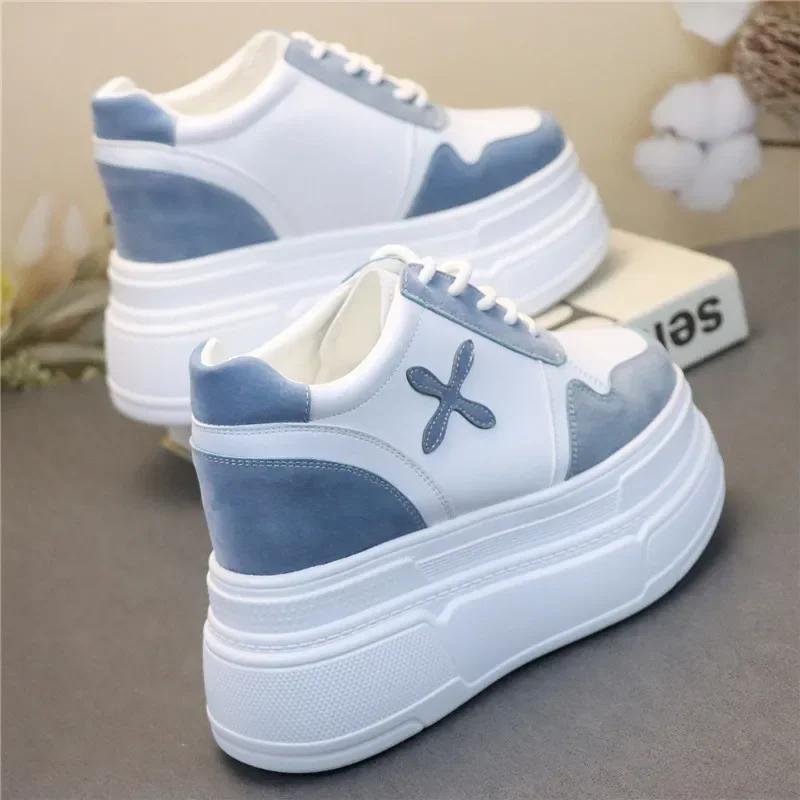 Fashion 12CM Genuine Leather Women Spring Autumn Chunky Sneakers Ins Women Summer White Hidden High Heels Platform Wedge Shoes