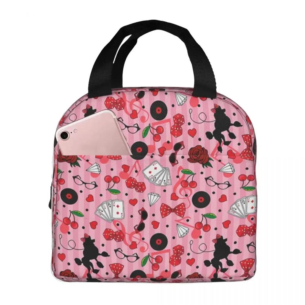 Pink Sweet  Pattern Cooler Lunch Box  Rockabilly Rock And Roll Mountaineering Thermal Insulation Portable Food Bag