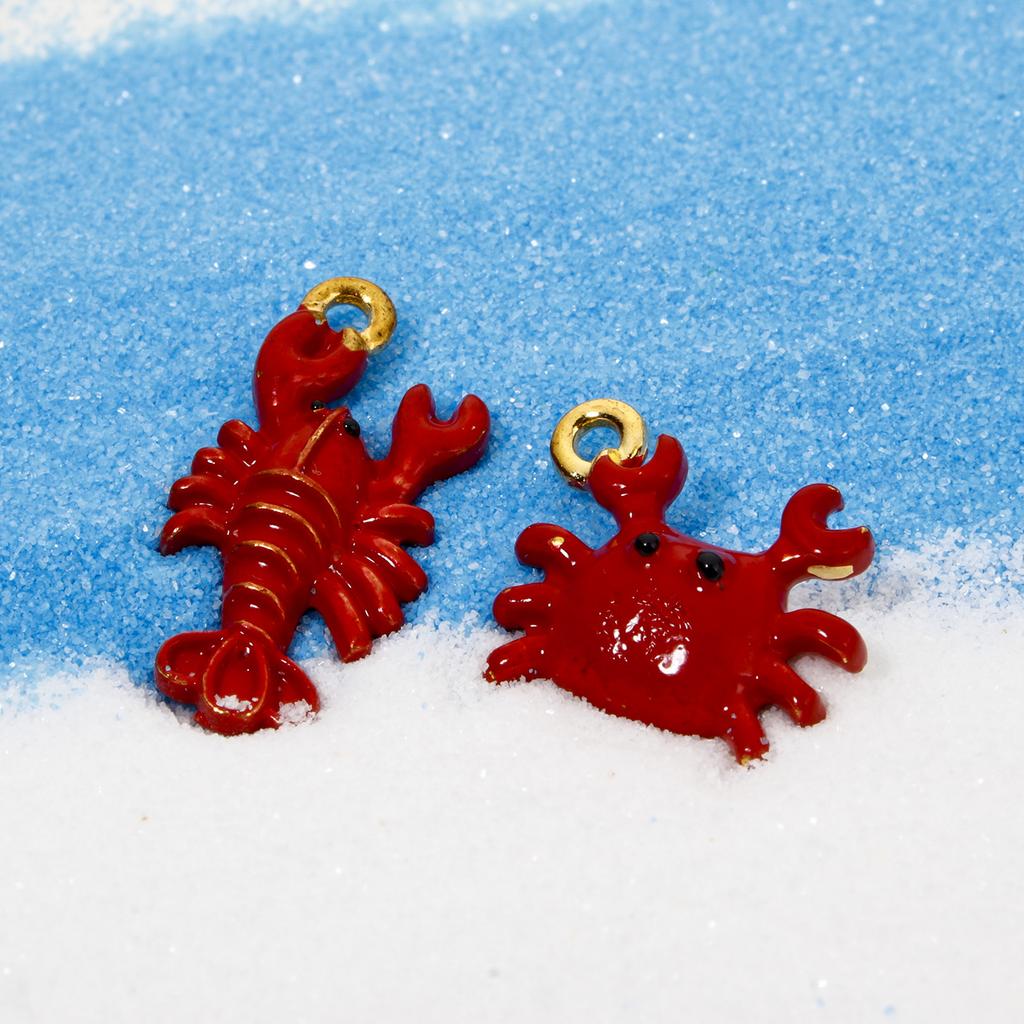 10 PCs Zinc Based Alloy Ocean Jewelry Charms Gold Color Enamel 3D Red Crab Lobster Coral Pendant For Diy Necklace Jewelry Making
