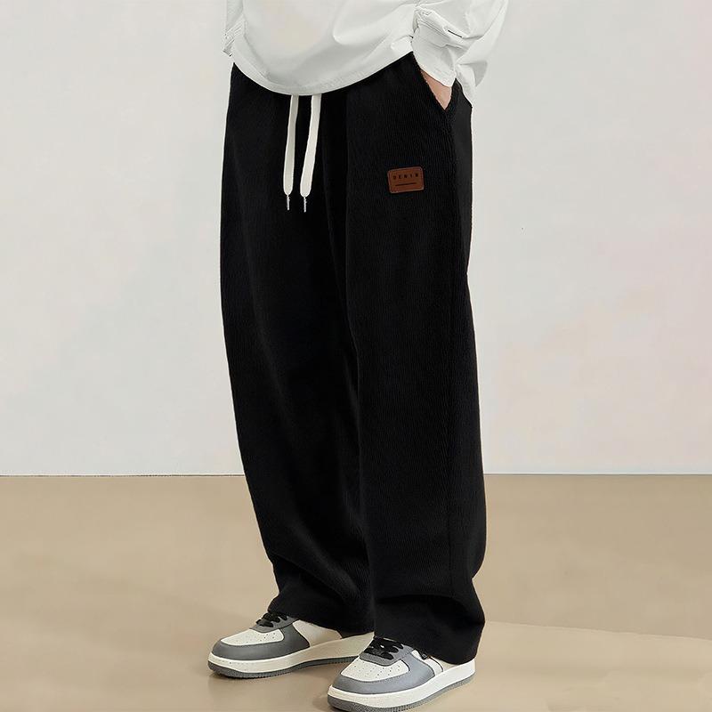 Spring Men s Black Waffle Knit Joggers Elastic Waist Casual Wide Leg Pants M
