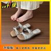 Bow flat bottom one-word slippers 2025 summer new French square head versatile fairy style sandals summer wear
