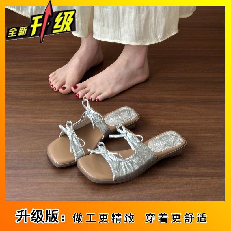 Bow flat bottom one-word slippers 2025 summer new French square head versatile fairy style sandals summer wear