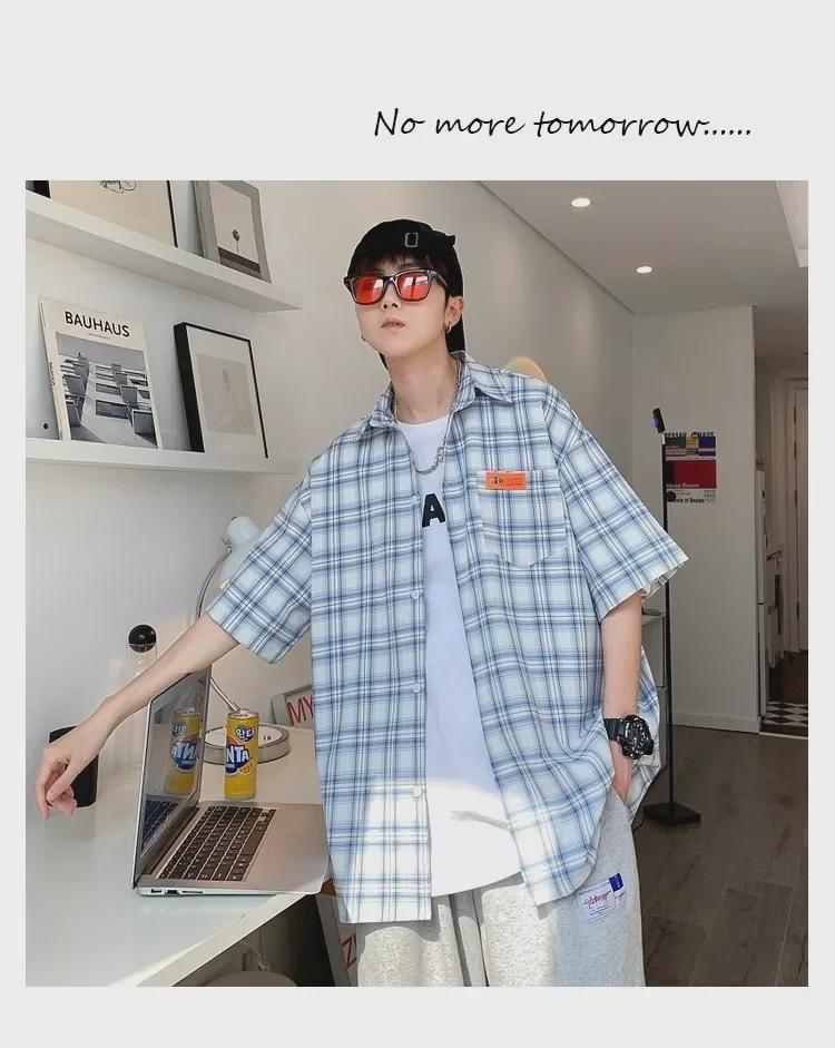 Herrskjorta Retro Gul Rutig Smal Passform Kortärmad - College Stil, Japansk-inspirerad