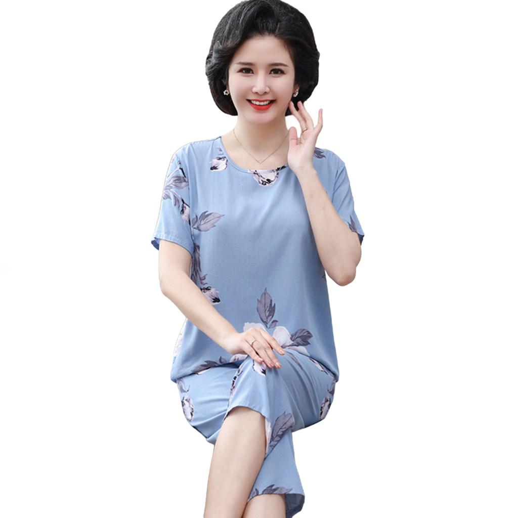 2 Teile/satz Frauen Top Und Hosen Anzug Sommer Pyjamas Set Blume Druck Gestellte Hosen Nachtwäsche Rundhals Plus Größe T-shirt Homewear Casual Kleidung