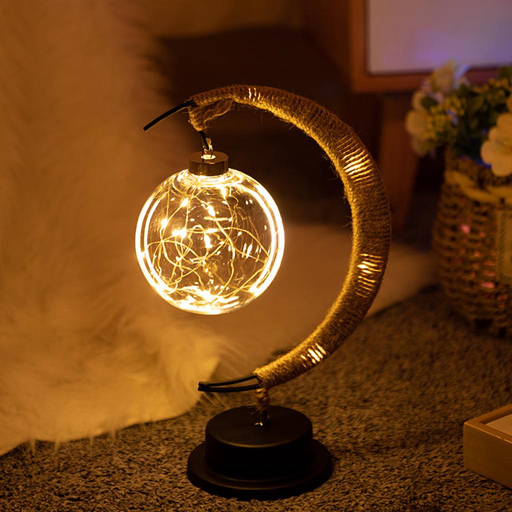 LED Table Lamp Hemp Rope Wrought Iron Moon Ball Decorative Bedside Night Lamp for Children Holiday Party Gift
