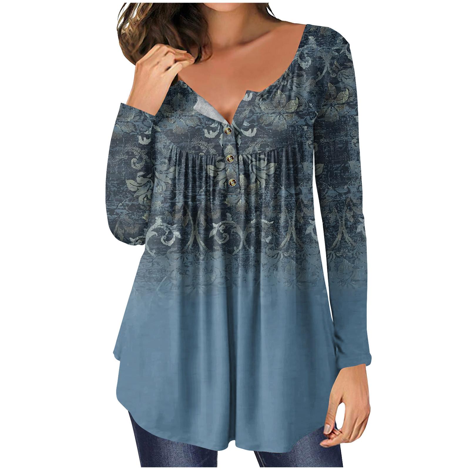 Women s Long Sleeve Tunic Loose Tops Casual Oversized Tops Pleated Tunic Button Down Casual Fall Women s Floral Print Tops XXL