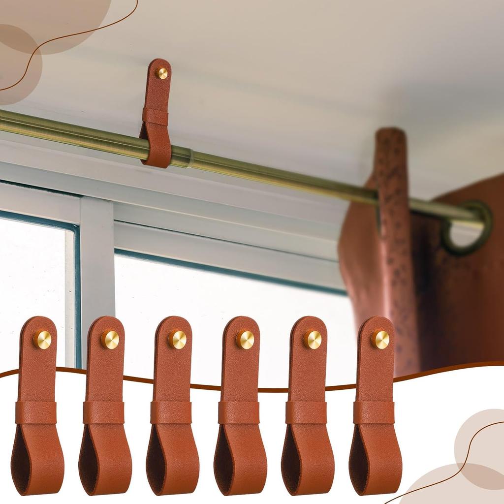 6 Pcs Leather Curtain Rod Holders PU Leather Curtain Rod Bracket Mounted Loop Straps with Screws and Plastic Wall Plugs, Boho Pole Hanger Hook for