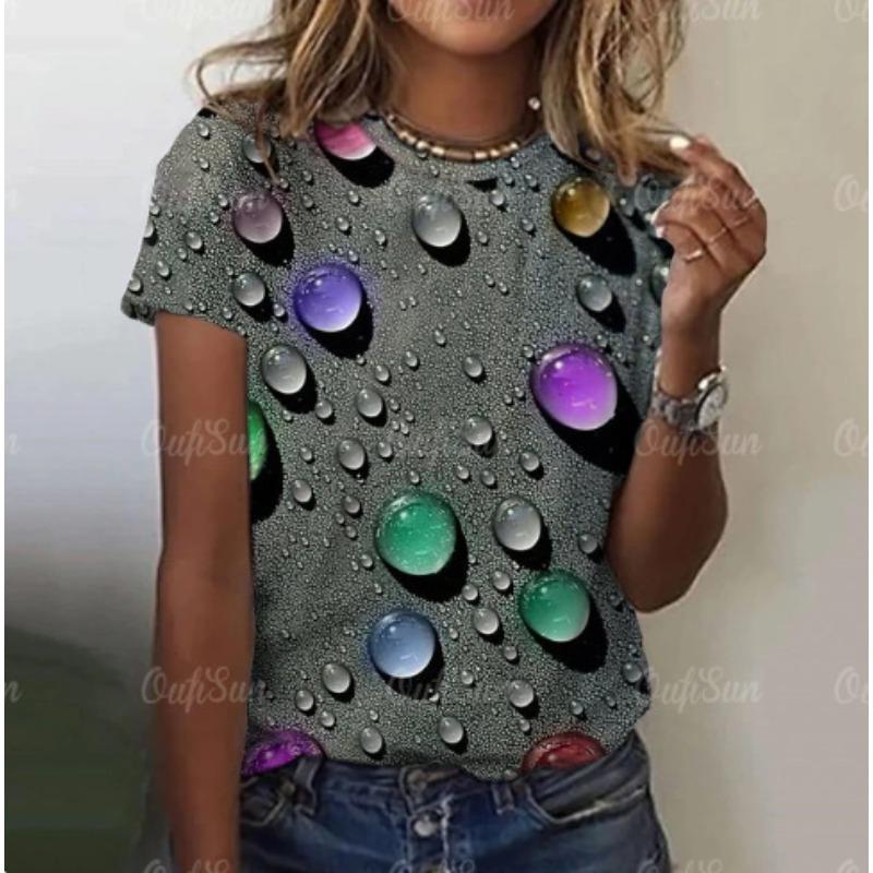 Summer New Women's Loose Shirt, Water Drop Pattern Printing Round Neck Short Sleeves