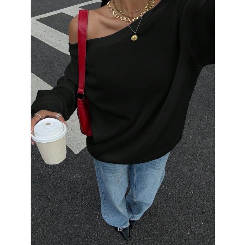Women S Loose Off Shoulder Solid Color Pullover Sweatshirt