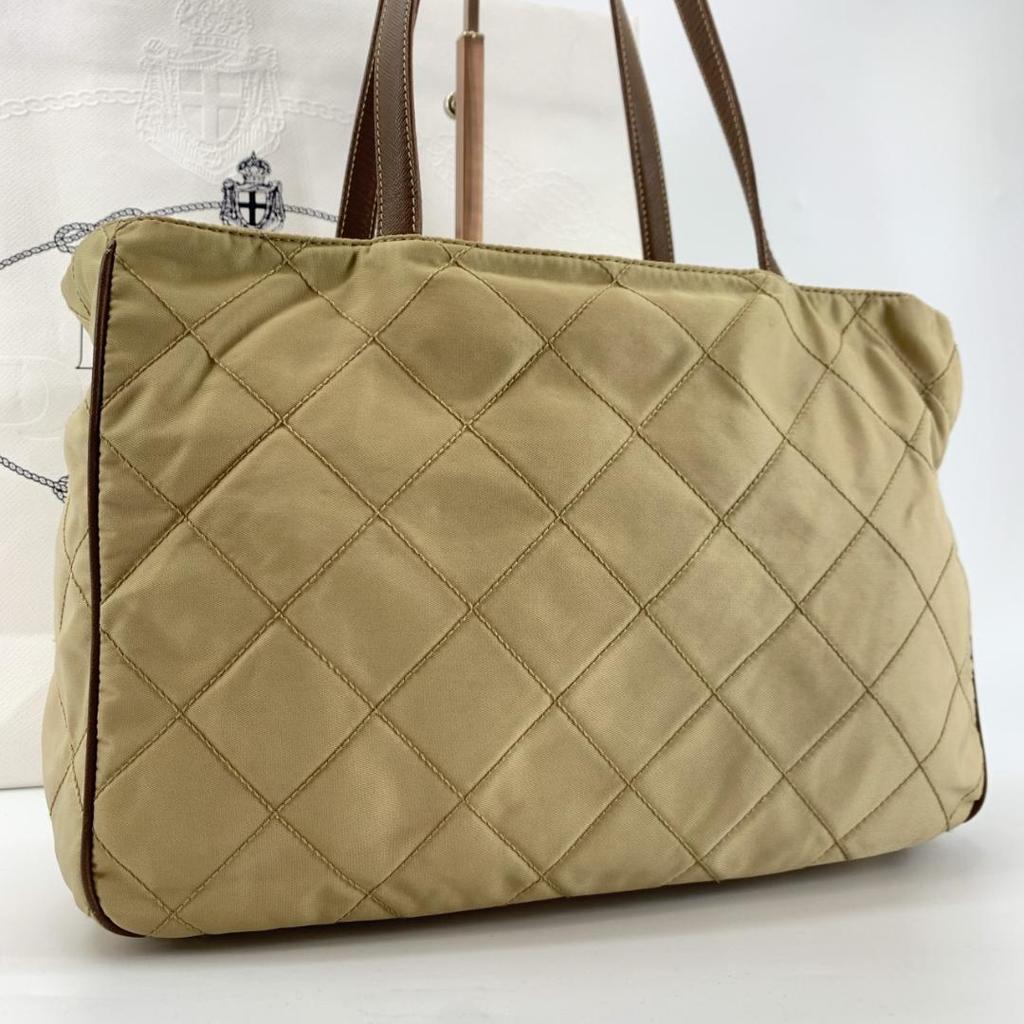 Prada Quilted Tessuto Nylon Tote Boston Bag Handbag One Shoulder Brown Beige Leather Triangle Logo Plate