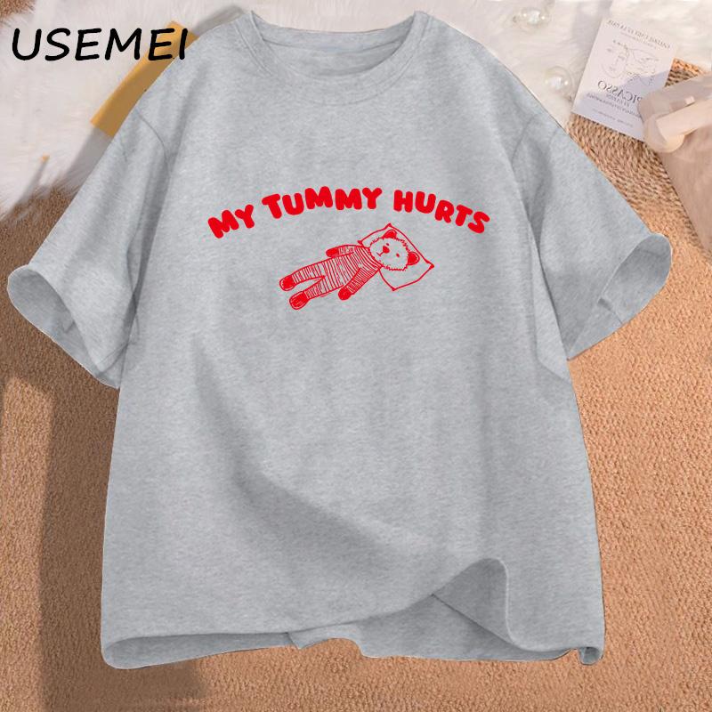 My Tummy Hurts Bear Meme Graphic T Shirts Cotton Short Sleeves T-shirts Oversize Man Clothes Funny Print Tees Shirt Men's Clothes