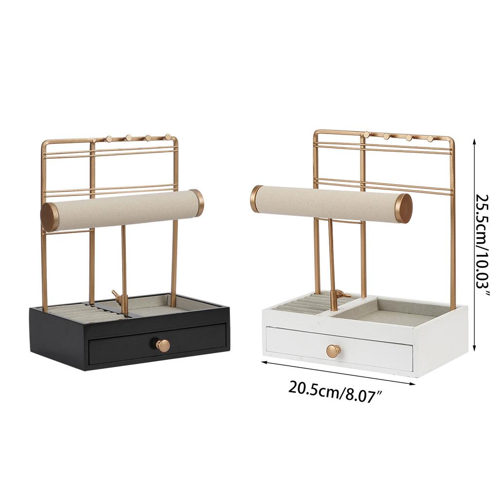 For T Bar Stand Hanging Holder Tiered Jewelry Display Rack Metal Jewelry Organizer with Wooden Tray & Drawer Tabletop Ra