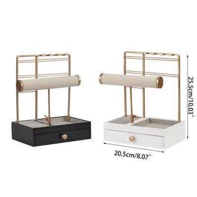 Pour Support à Barre en T Support Suspendu Étagère d'Exposition de Bijoux à Niveaux Organisateur de Bijoux en Métal avec Plateau en Bois & Tiroir Tabletop Ra